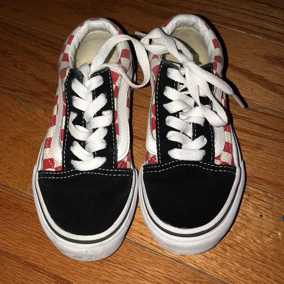 black white and red checkered vans